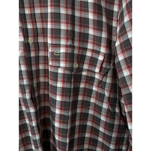Lacoste Modern Fit Gray & Red Plaid Long Sleeve Button-Up Shirt Men's 42 Large - Picture 10 of 12